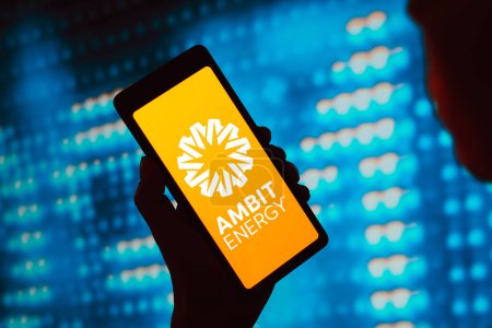 Photo for February 27, 2024, Brazil. In this photo illustration, the Ambit Energy logo is displayed on a smartphone screen - Royalty Free Image