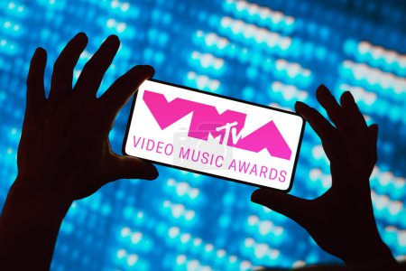 Photo for February 28, 2024, Brazil. In this photo illustration, the MTV Video Music Awards (VMA) logo is displayed on a smartphone screen - Royalty Free Image