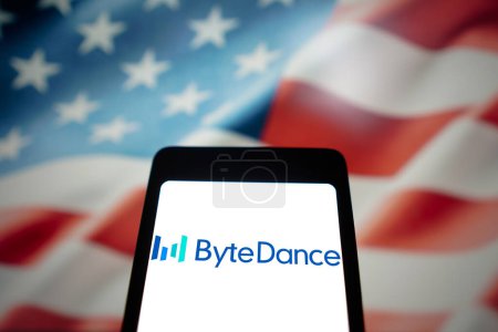 Photo for March 14, 2024, Brazil. In this photo illustration, the ByteDance logo is displayed on a smartphone screen with the flag United States (US) in the background - Royalty Free Image