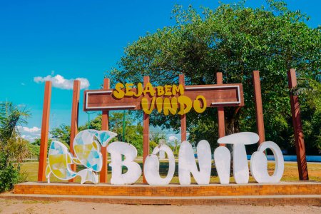 Photo for March 21, 2024, Brazil. Monument written Welcome to Bonito. The city is one of the main ecotourism destinations in Brazil. Its main attractions are the natural landscapes, diving in rivers with clear waters, waterfalls, caves, caves, sinkholes and sp - Royalty Free Image