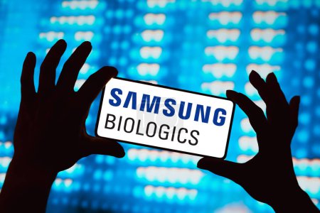 Photo for April 1, 2024, Brazil. In this photo illustration, the Samsung Biologics logo is displayed on a smartphone screen - Royalty Free Image