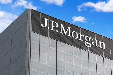 Photo for April 6, 2024, Brazil. In this photo illustration in 3D the JPMorgan Chase logo seen on top of the glass building - Royalty Free Image