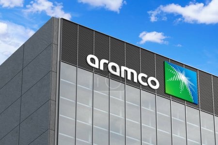 Photo for April 6, 2024, Brazil. In this photo illustration in 3D the Saudi Aramco logo seen on top of the glass building - Royalty Free Image