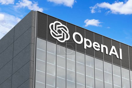 Foto de 6 de abril de 2024, Brasil. En esta foto ilustración en 3D el logotipo de OpenAI visto en la parte superior del edificio de vidrio - Imagen libre de derechos