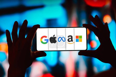 Photo for May 3, 2024, Brazil. In this photo illustration, the Google, Apple, Meta, Amazon and Microsoft logos is displayed on a smartphone screen - Royalty Free Image