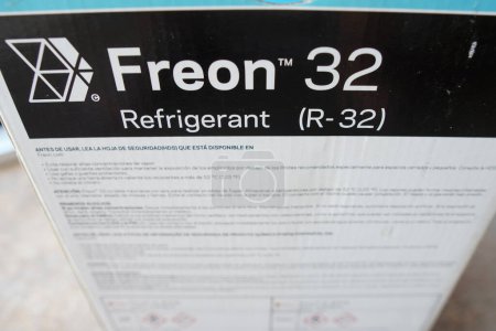 Photo for May 4, 2024, Brazil. In this photo illustration, the packaging of R-32 Freon gas. It is a pure HFC refrigerant, and is therefore used in air conditioning. - Royalty Free Image