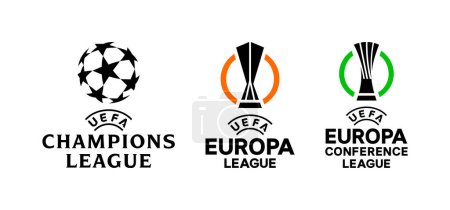 Illustration for Official UEFA European cup logos. Set of european football or soccer tournament logo - Champions League, UEFA Europa League, Europa Conference League. - Royalty Free Image