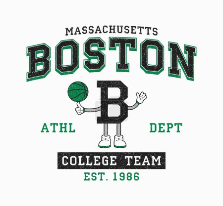 Boston basketball t-shirt design. Massachusetts, Boston college style tee shirt with mascot and basketball ball. Sport apparel print. Vector illustration.