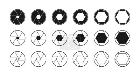 Illustration for Camera shutter icons set. Various aperture icons. Camera lens diaphragm. Vector. - Royalty Free Image
