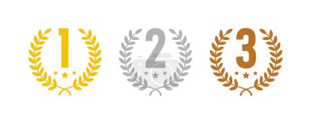 Winning places icons with wreath frame. Award symbol - 1, 2 and 3 place. Golden, silver and bronze laurel wreaths with first, second and third place signs. Vector.