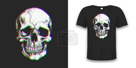 Illustration for Skull illustration for t-shirt design. Colorful cyber style or glitch effect skull for t shirt print. Graphics for tee shirt and apparel. Vector. - Royalty Free Image