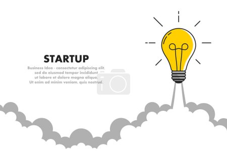 Light bulb rocket launch for business startup concept or successful idea. Glowing light bulb in form of rocket takes off. Development and advance project. Flat style. Vector illustration.