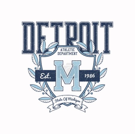 Illustration for Detroit, Michigan t-shirt design with college shield and laurel wreath. College style tee shirt design. Sports apparel print with grunge. Vector illustration. - Royalty Free Image