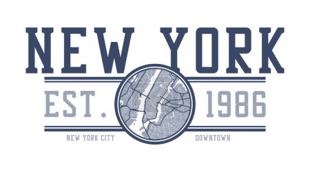 Téléchargez les illustrations : New York design de t-shirt avec la carte de New York. Graphismes typographiques pour tee-shirt et vêtements imprimés avec la carte et le slogan de New York. Illustration vectorielle. - en licence libre de droit