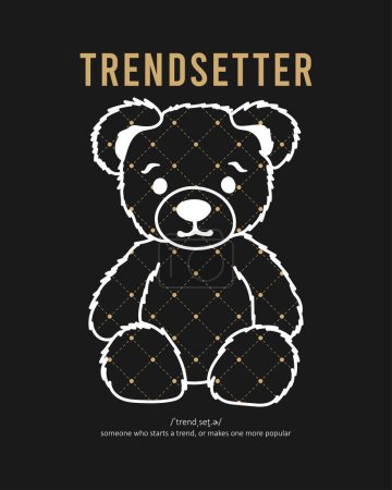 Bear Doll Line Art T-Shirt Design und Muster mit Punkten und gestrichelten Linien, Slogan - Trendsetter. Typografie-Grafiken für T-Shirt mit Bär. Vektorillustration.