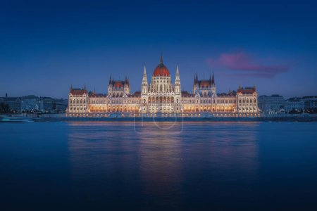 Photo for Hungarian Parliament and Danube River at night - Budapest, Hungary - Royalty Free Image