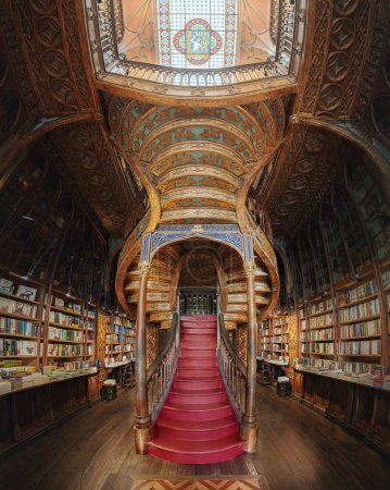 Foto de Porto, Portugal - 5 de febrero de 2020: Lello Bookstore Interior y su famosa escalera - Porto, Portugal - Imagen libre de derechos