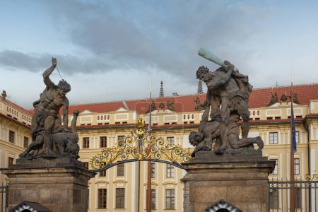 Photo for Prague, Czechia - Sep 26, 2019: Wrestling Titans Gate at Entrance of Prague Castle - Prague, Czech Republic - Royalty Free Image