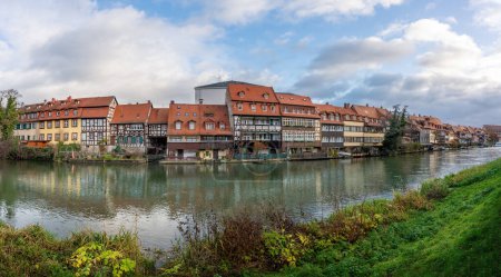 Photo for Panoramic view of Colorful houses at Linker Regnitzarm riverbank - Bamberg, Bavaria, Germany - Royalty Free Image