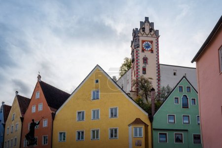 Photo for Colorful houses at Fussen Old Town (Altstadt) with High Castle (Hohes Schloss) - Fussen, Bavaria, Germany - Royalty Free Image