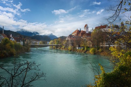 Photo for Fussen Skyline with Lech River, St. Mang Basilica and Allgau Alps - Fussen, Bavaria, Germany - Royalty Free Image