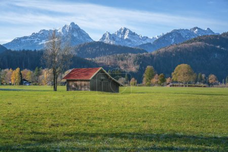 Foto de Wooden house with red roof on a field with Alps Tannheim Mountains - Schwangau, Bavaria, Germany - Imagen libre de derechos
