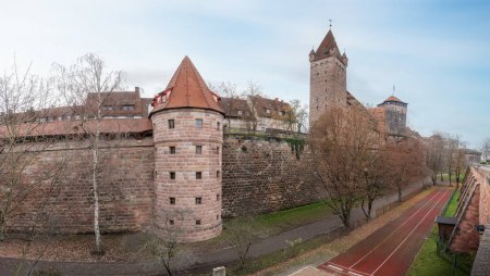 Panoramic view of Nuremberg Castle (Kaiserburg) with walls, towers and Imperial Stables - Nuremberg, Bavaria, Germany
