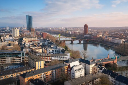 Photo for Aerial view of Main River Skyline with ECB Tower (European Central Bank) and Main Plaza Building - Frankfurt, Germany - Royalty Free Image