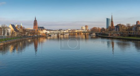 Photo for Panoramic view of River Main Skyline with Dreikonigskirche Church and Frankfurt Cathedral - Frankfurt, Germany - Royalty Free Image