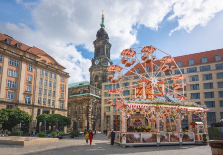 Photo for Dresden, Germany - Sep 18, 2019: Altmarkt Square with Dresden Autumn Market Fair and Kreuzkirche Church - Dresden, Saxony, Germany - Royalty Free Image
