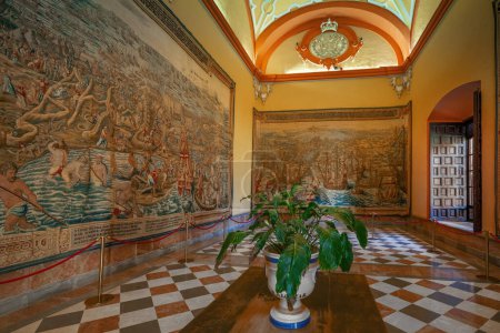 Photo for Seville, Spain - Apr 3, 2019: Tapestries Hall (Salon de los Tapices) at Alcazar (Royal Palace of Seville) - Seville, Andalusia, Spain - Royalty Free Image