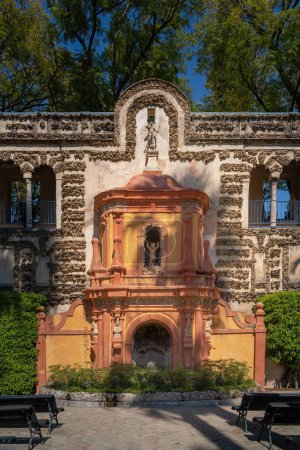 Photo for Seville, Spain - Apr 3, 2019: Fuente de La Fama (Fountain of Fame) at Alcazar Gardens (Royal Palace of Seville) - Seville, Andalusia, Spain - Royalty Free Image