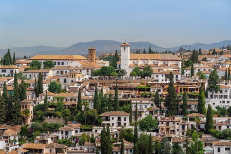 Aerial view San Nicolas Viewpoint and San Nicolas Church - Granada, Andalusia, Spain