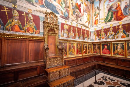 Photo for Toledo, Spain - Mar 26, 2019: Archbishopric Chair at the  Chapter House (Sala Capitular) of Toledo Cathedral - Toledo, Spain - Royalty Free Image