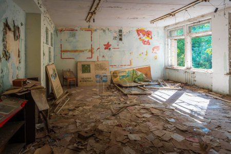 Photo for Chernobyl, Ukraine - Aug 07, 2019: Abandoned Classroom at District 3 School - Pripyat, Chernobyl Exclusion Zone, Ukraine - Royalty Free Image