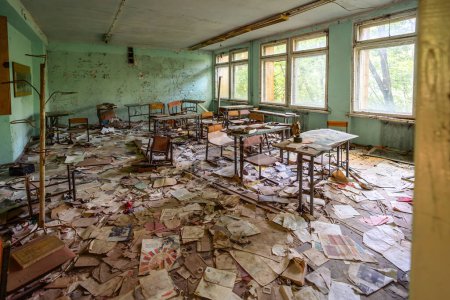 Photo for Chernobyl, Ukraine - Aug 07, 2019: Abandoned Classroom at District 3 School - Pripyat, Chernobyl Exclusion Zone, Ukraine - Royalty Free Image