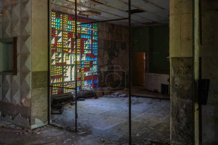 Photo for Chernobyl, Ukraine - Aug 07, 2019: Interior of Abandoned Prometheus Cinema - Pripyat, Chernobyl Exclusion Zone, Ukraine - Royalty Free Image