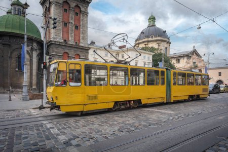 Photo for Yellow Tram in Downtown Lviv - Lviv, Ukraine - Royalty Free Image