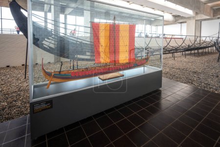 Photo for Roskilde, Denmark - Jun 25, 2019: Model of Skuldelev 2 Ship at Viking Ship Museum Interior - Roskilde, Denmark - Royalty Free Image
