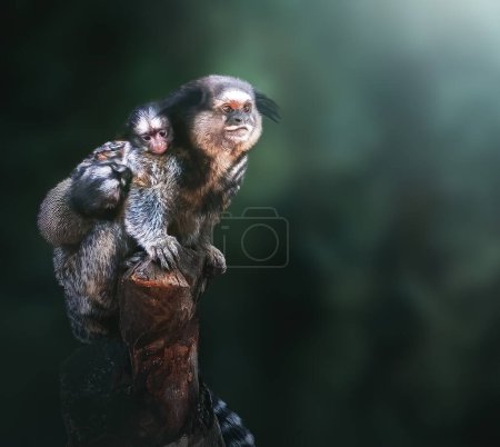 Foto de Madre de mono Marmoset con mechones negros y bebés (Callithrix penicillata) - Imagen libre de derechos