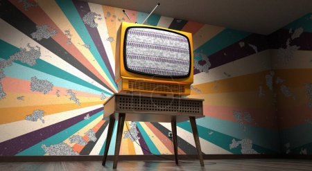 Vintage, retro television set, wallpaper with colorful stripes on cracked wall - 3D illustration
