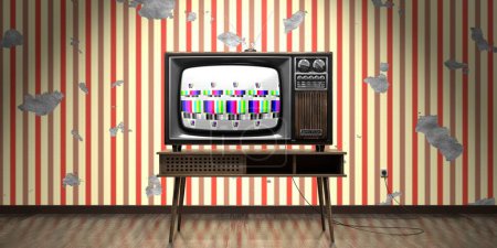 Retro television set, wallpaper with vertical stripes on cracked wall - 3D illustration