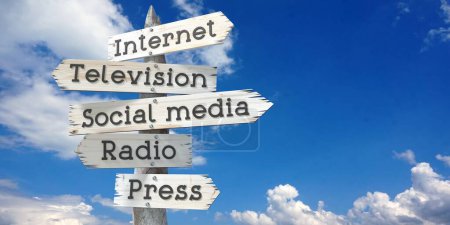 Internet, television, social media, radio, press - wooden signpost with five arrows