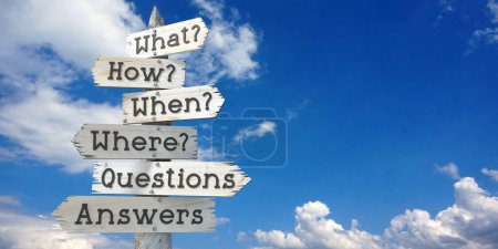 Photo for Questions concept - wooden signpost with six arrows - Royalty Free Image