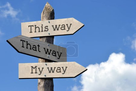 This way, that way, my way - wooden signpost with three arrows, sky with clouds