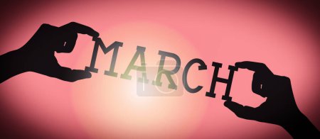 March - human hands holding black silhouette word, gradient background