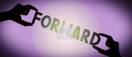 Photo for Forward - human hands holding black silhouette word, gradient background - Royalty Free Image