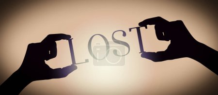 Lost - human hands holding black silhouette word, gradient background