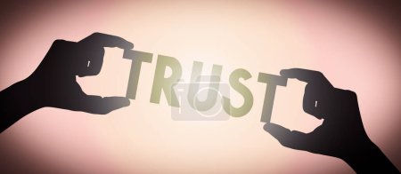 Trust - human hands holding black silhouette word, gradient background