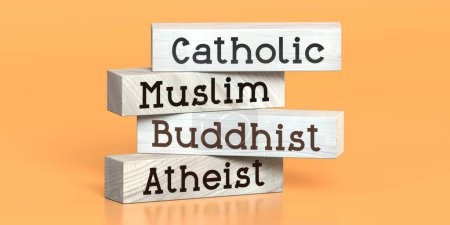 Foto de Católico, musulmán, budista, ateo - palabras en bloques de madera - Ilustración 3D - Imagen libre de derechos